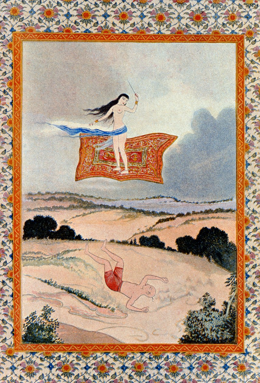Fly, O Magic Carpet och Transport Me, illustration från The Arabian Nights. 1895 (färggravyr) av French School