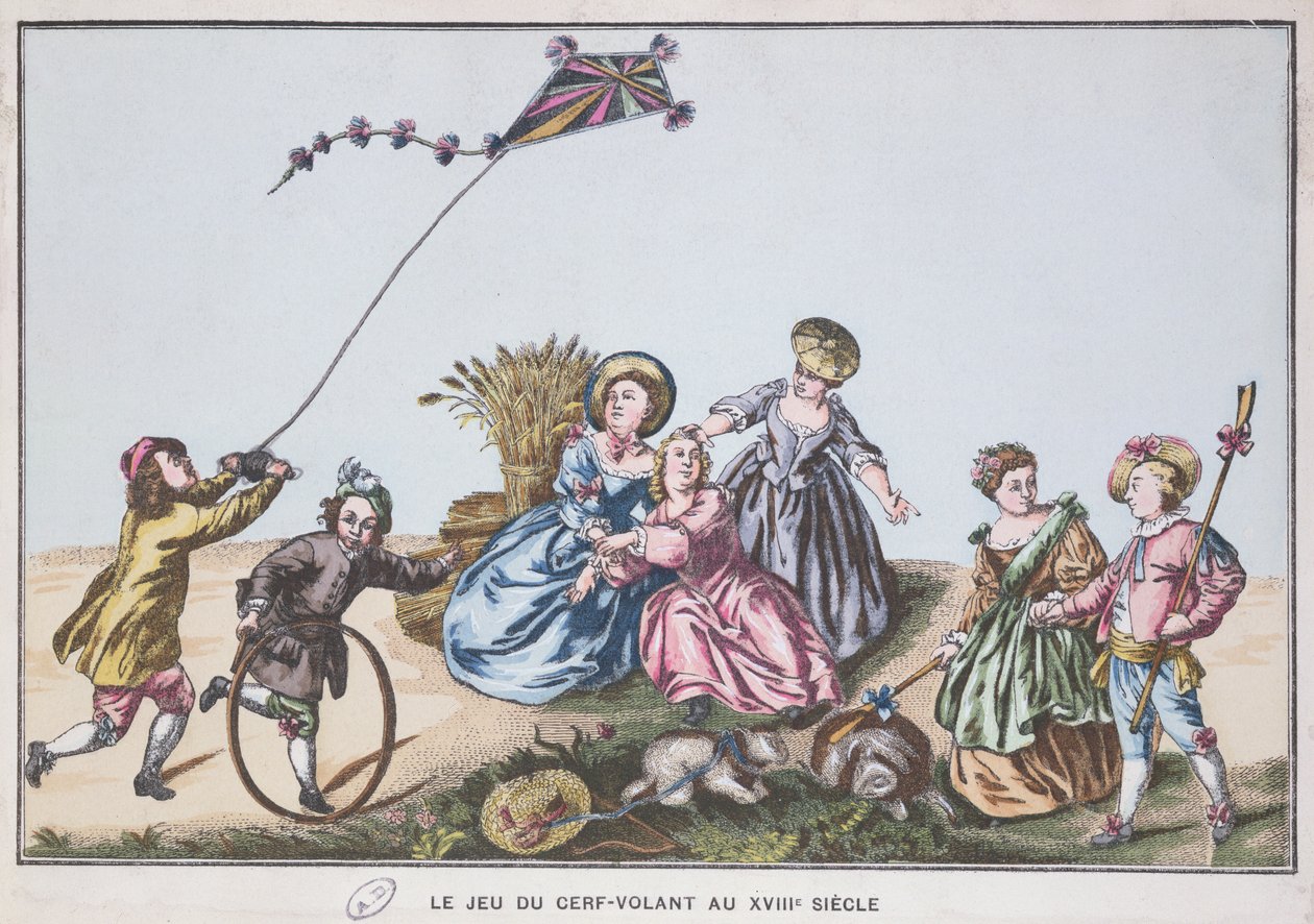 Att flyga en drake på 1700-talet (färggravyr) av French School