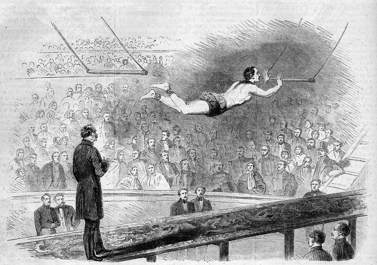 Flygande trapetsnummer av franska akrobaten Jules Leotard (1839-1870) vid Cirque de Napoleon (idag Cirque d