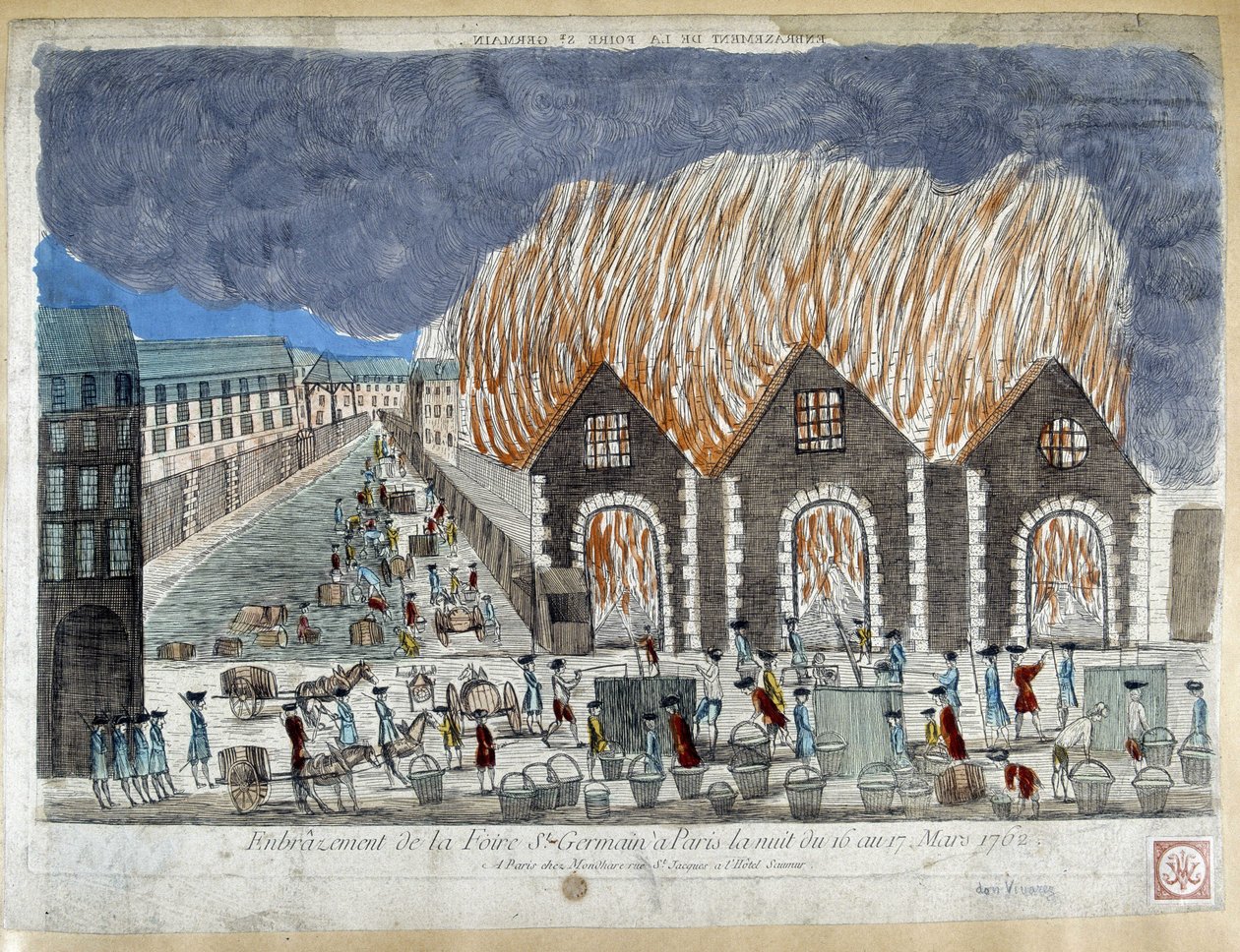 Fair of the Foire Saint Germain i Paris, natten mellan den 16 och 17 mars 1762 - gravyr av French School