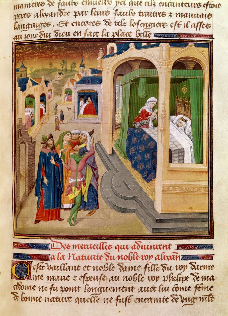 Fol.10r Underverken som hände vid Alexander den Stores födelse (356-323 f.Kr.) illustration från en bok av Jean Wauquelin, från Histoire du Grand Alexandre 1460 av French School