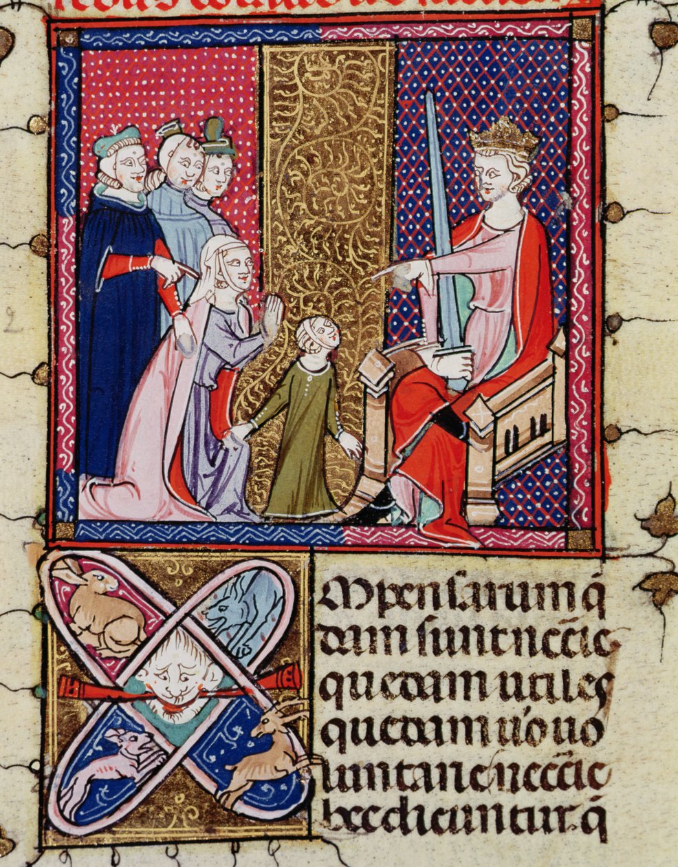 Fol.11v Ett barn och hennes mor framträder inför en domare, från Justiniani i Fortiatum av French School