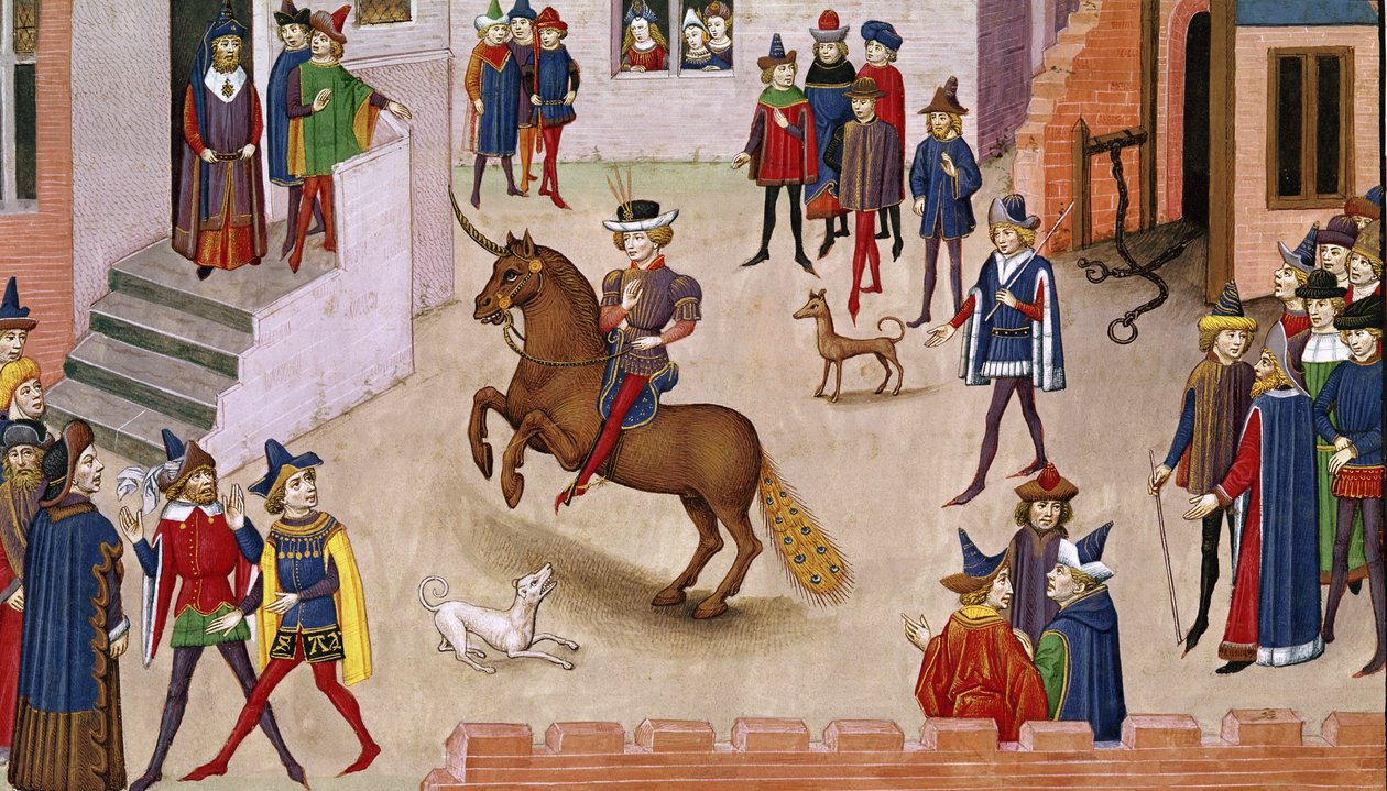 Fol.17v Hur Alexander den store (356-323 f.Kr.) besatte Bucephalus, från Histoire du Grand Alexandre 1460 av French School