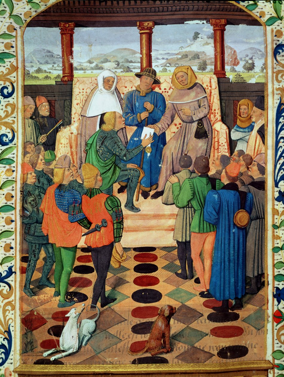 Fol.185v Charles VII (1403-61) ger ett dokument till Jeanne d