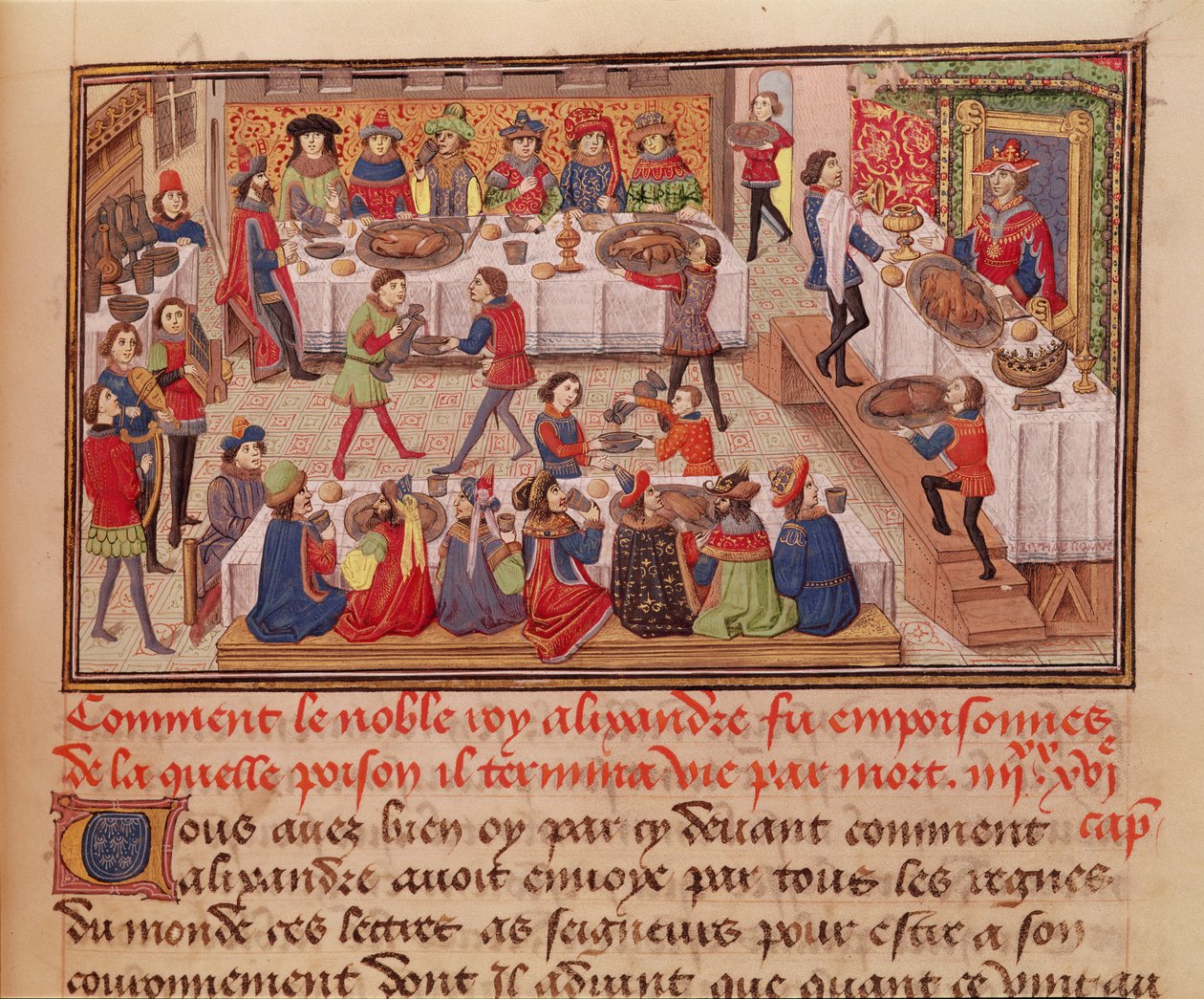 Fol.298r How the Noble King Alexander was Poisoned, illustration från en bok av Jean Wauquelin, från Histoire du Grand Alexandre 1460 av French School