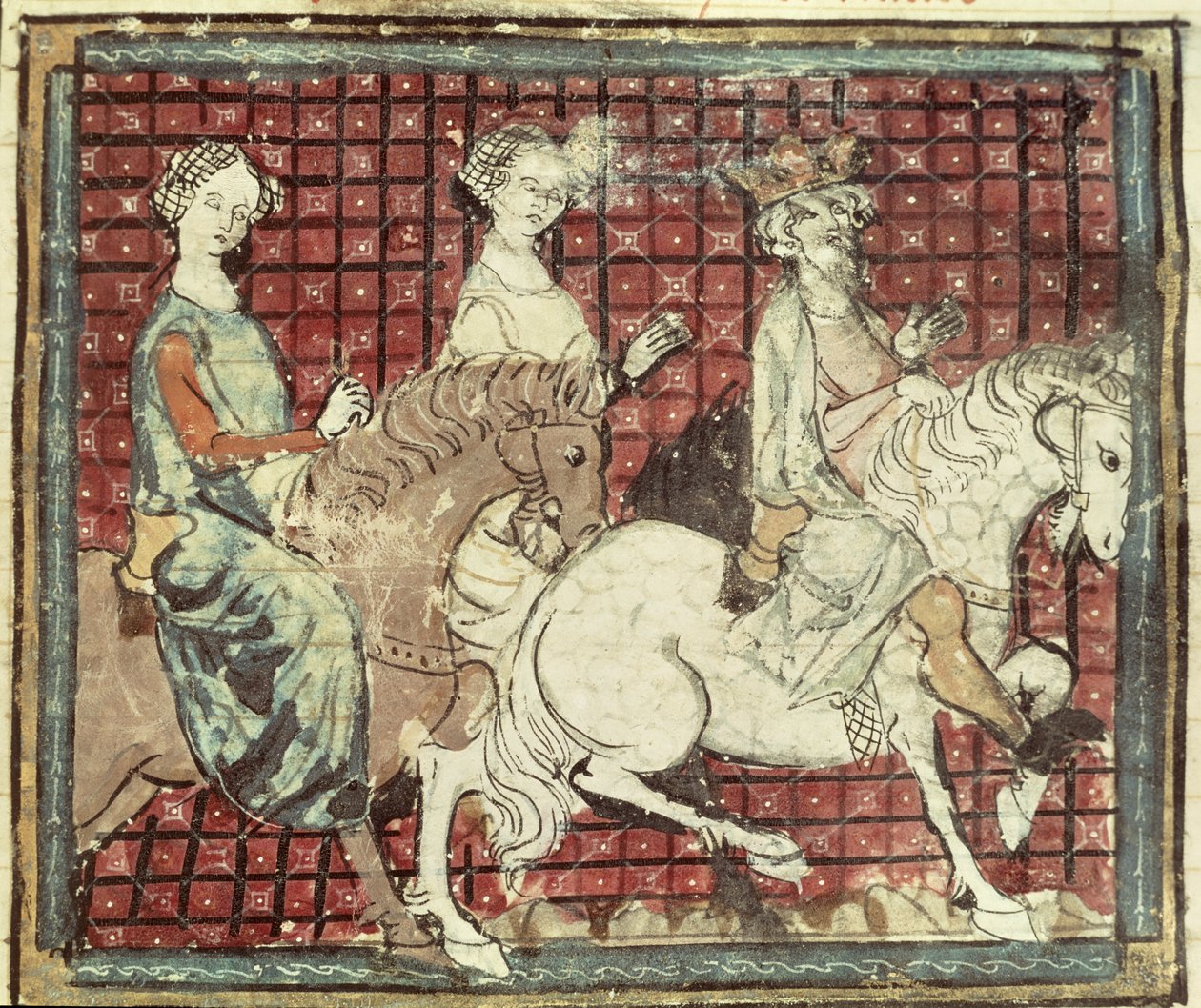 Fol.31r Chilperic I (543-97) och Fredegonde till häst, från Grandes Chroniques de France, 1375-79 av French School