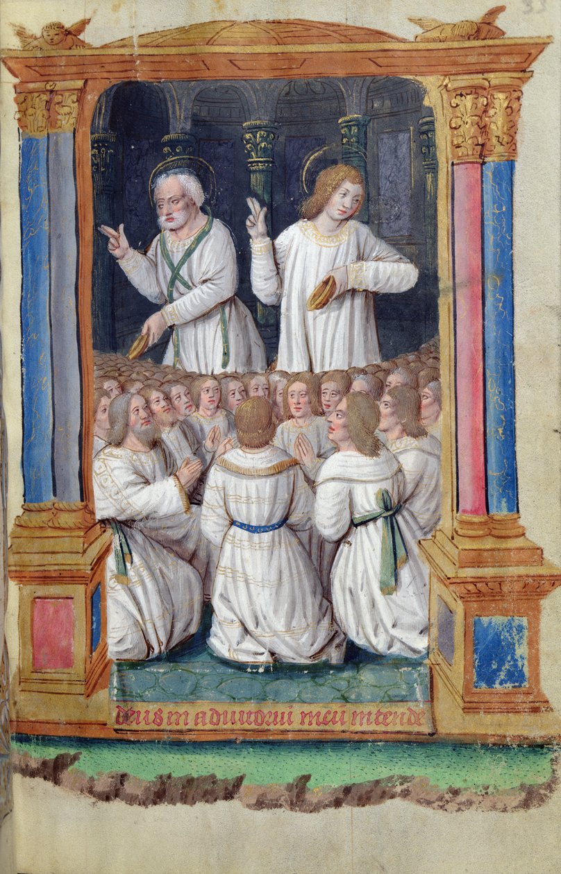 Fol.33r St. Peter och St. John uppmanar de troende, från Heures a lUsage de Rome av French School