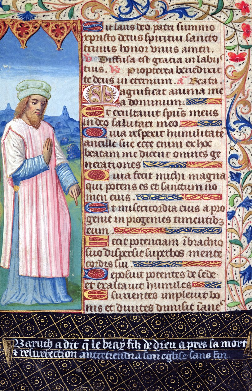 Fol.36v Text av Magnificat med ett porträtt av Baruch, från Heures a lUsage de Rome av French School