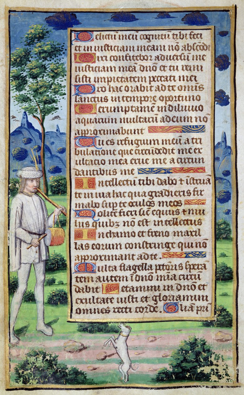 Fol.50v Textsida med en kantdetalj av en musiker som får sin hund att dansa, från 