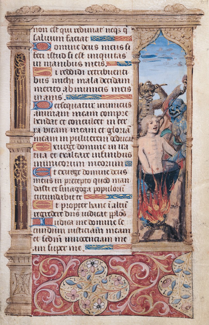 Fol.67r Textsida med en kantdetalj av en man som torterades av två demoner, från "Heures de l"Usage de Rome" av French School