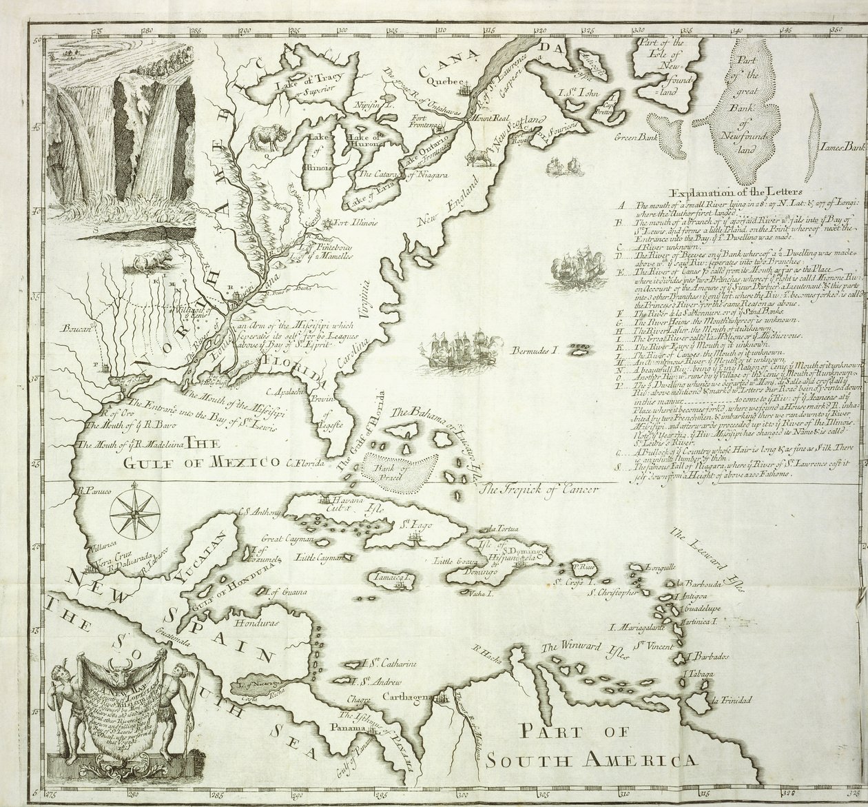 Vikbar karta över den nordamerikanska Atlantkusten, 1714 av French School