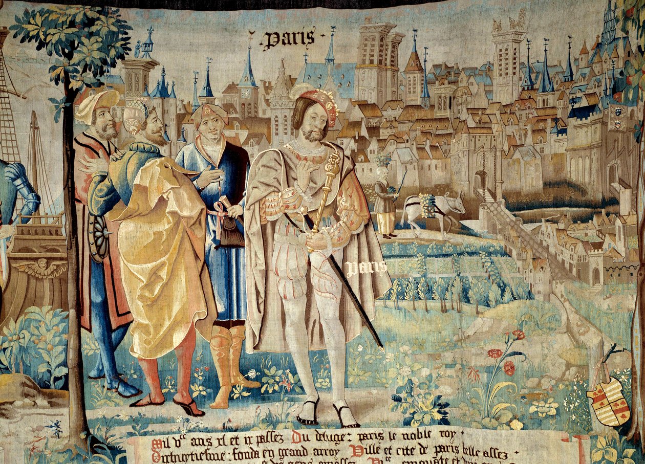 Fondation de la ville de Paris. Kung Francois I (1494-1547) bestämde sig för att etablera sin permanenta huvudstad i Paris när han återvände från fångenskapen 1527. Gobeläng av "Gallernas fantastiska historia"" gjord av Arras verkstad. 1530 Beauvais, avd av French School
