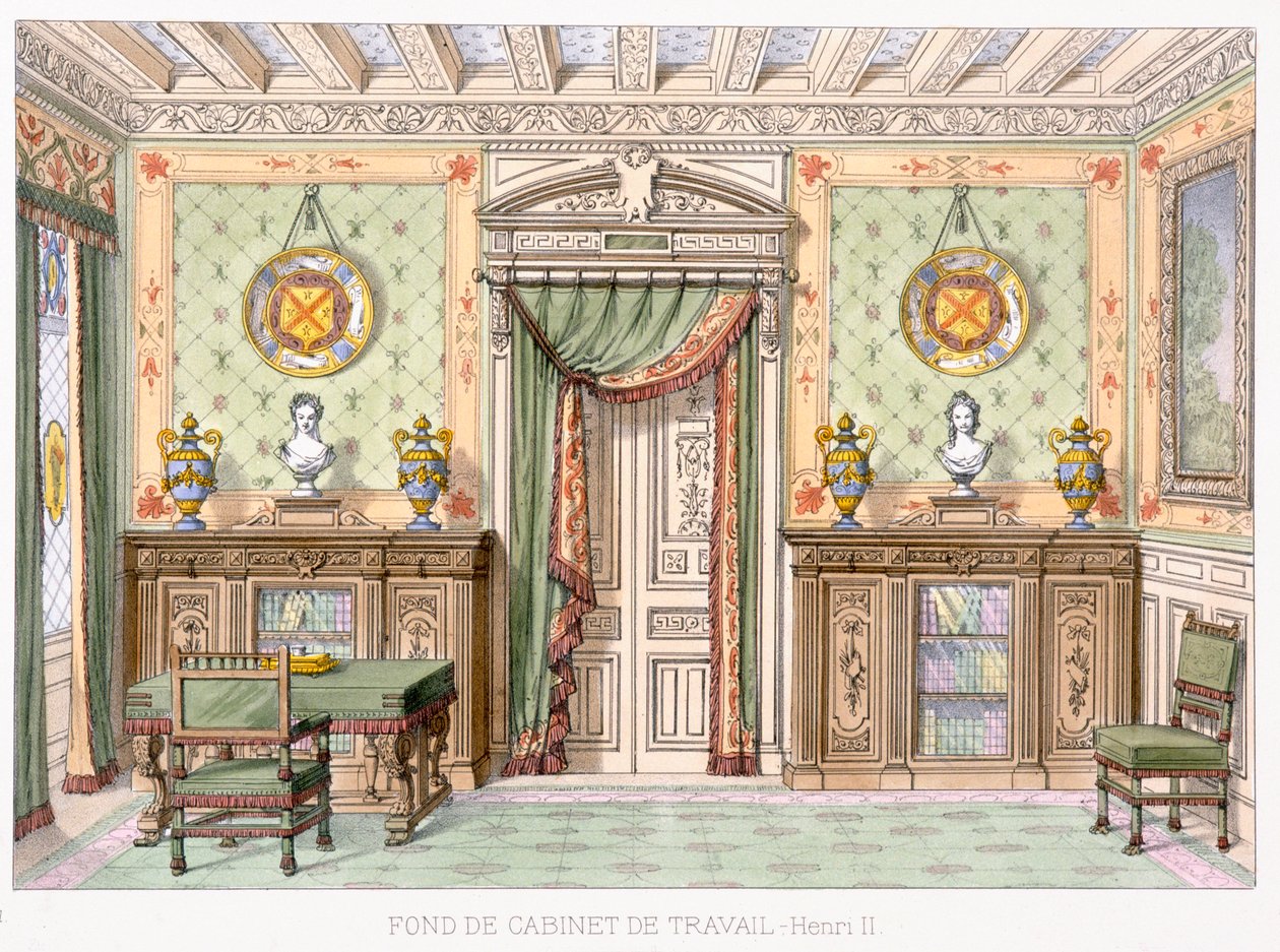 Fond de cabinet de travail i stil med Henri II från Le Gared-Meuble, av French School