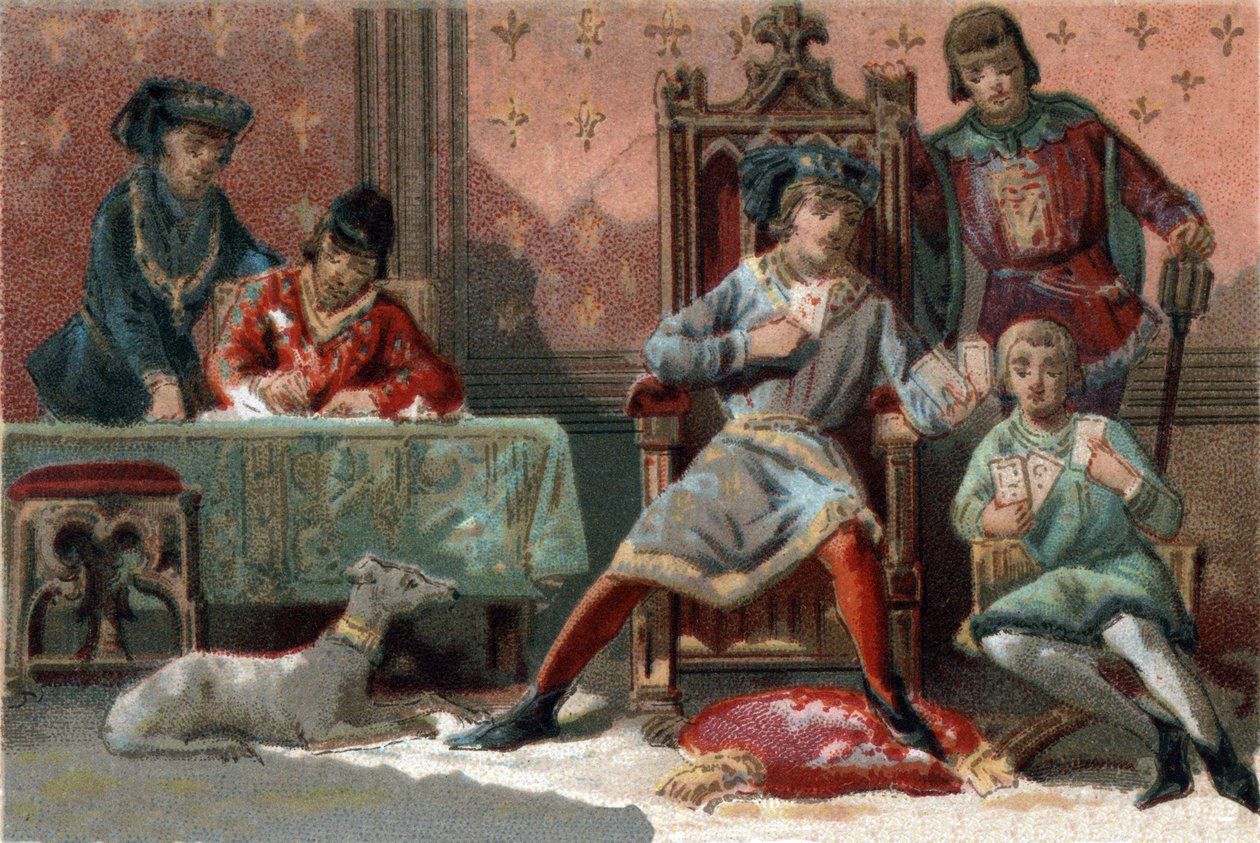 För distraktion brukade kungen av Frankrike Karl VI (1368-1422) spela kort. Kromolitografi omkring 1890. av French School