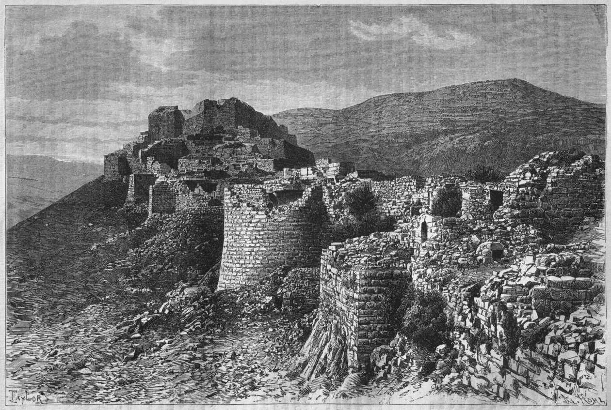 Fortress of Baniyas, från Syrien idag. Reser i Fenicien, Libanon och Judéen. 1875-1880 av Louis Charles Emile Lortet, 1884 (bw gravyr) av French School