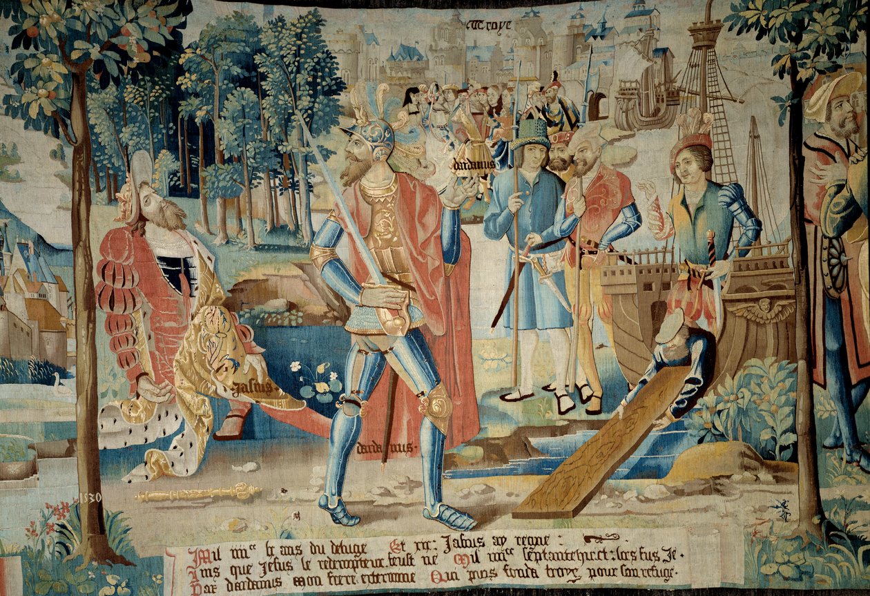 Stiftelsen av staden Troyes. Kung Jasius dödas av sin bror Dardanus som flydde med båt och hittade Troyes (i Champagne) representerad längst bak. Gobeläng av "The fabulous history of the Gaules"" gjord av Arras verkstad. 1530 Beauvais, avresa av French School