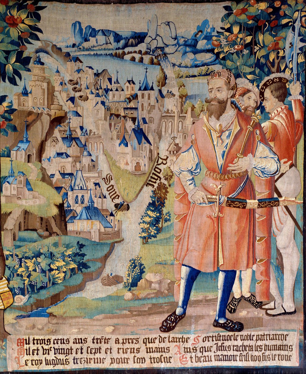 Grundandet av staden Lyon: Lugdus sonson till Galathes, Galliens grundare, med följeslagare, bakom honom staden Lyon vid sammanflödet av Rhone och Saone, Alpernas berg i fjärran. Gobeläng med "Galaternas sagolika historia av French School