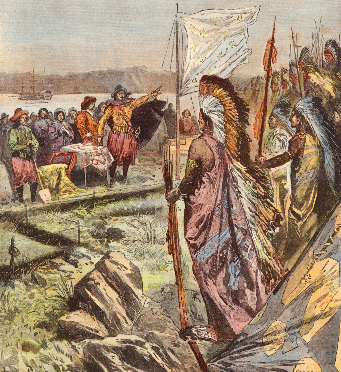 Grundandet av staden Quebec av Samuel de Champlain (färglitografi) av French School
