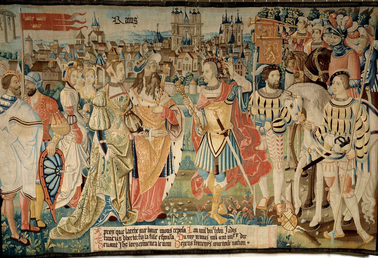 Grundandet av staden Reims: Remus gifte sig med sin dotter med kung Francus, son till Hector. Gobeläng av "The fabulous story of the gallers"" gjord av Arras verkstad av French School