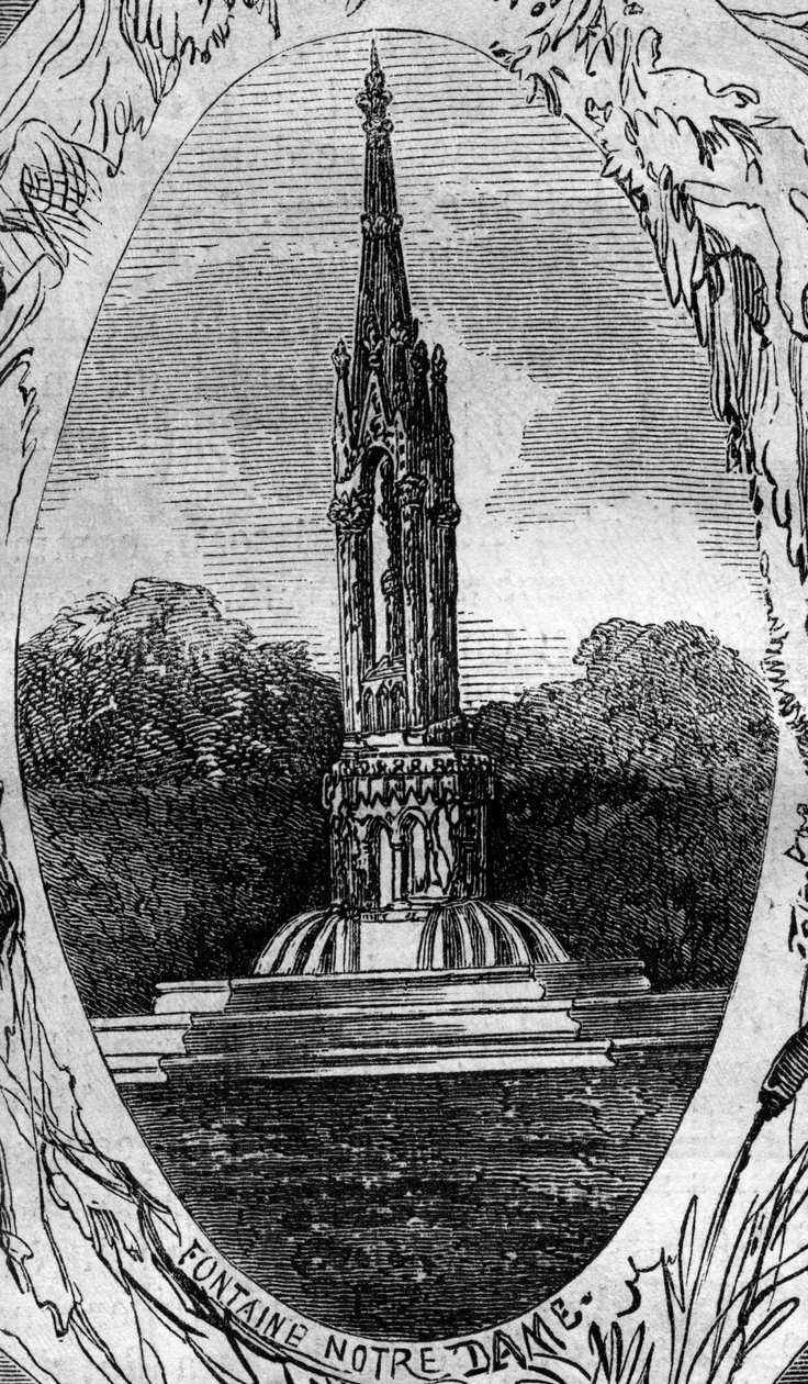 Fontänen i Paris: utsikt över Jungfrufontänen (Notre Dame-fontänen) (cirka 1845). Gravyr i "" Le Monde Illustré"" nr 254 den 22 februari av French School