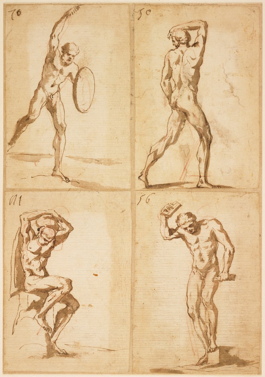 Fyra studier av manliga nakenbilder (penna & brunt bläck & skölj över röd krita) av French School