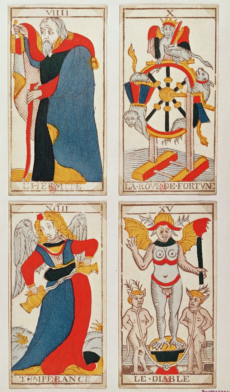 Fyra tarotkort föreställande Eremiten, Lyckohjulet, Temperance och Djävulen (färgad trästick) av French School