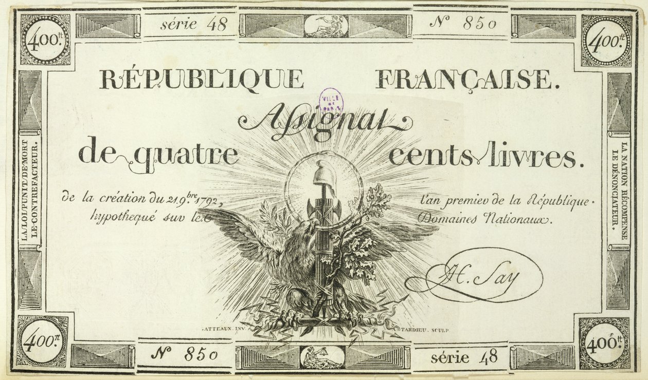 Fyrahundra livre sedel, 21 september 1792 av French School