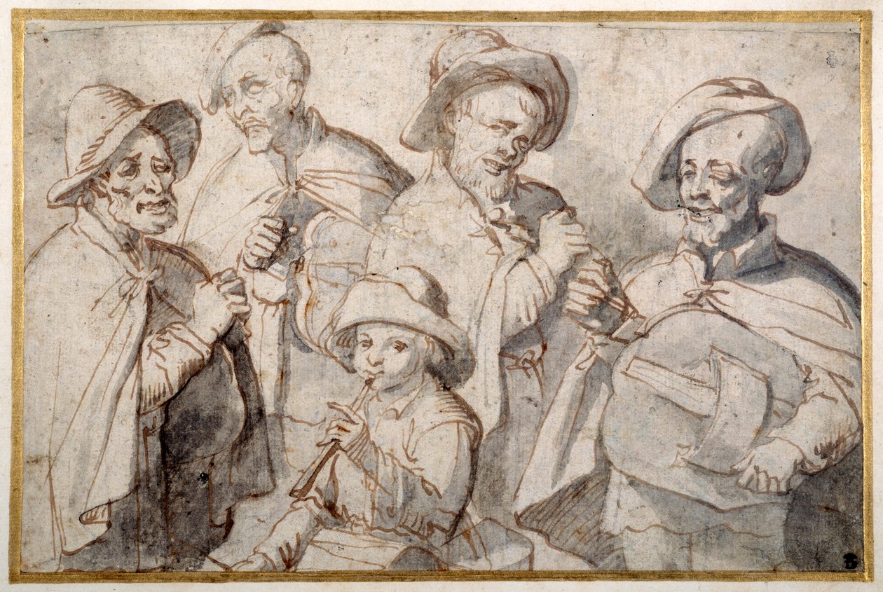 Fyra bandspelare och en pojke med pipa, ca 1650-99 (penna och bläck på papper) av French School