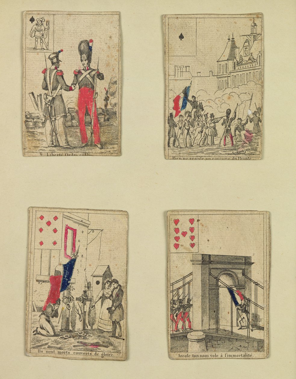 Fyra spelkort till minne av hjältarna från juli 1830, 1831 av French School
