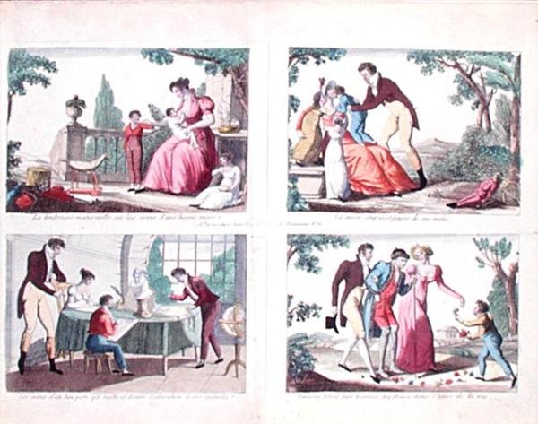 Fyra scener som skildrar föräldrarnas ansvar, början av 1800-talet (kolorerat gravyr) av French School