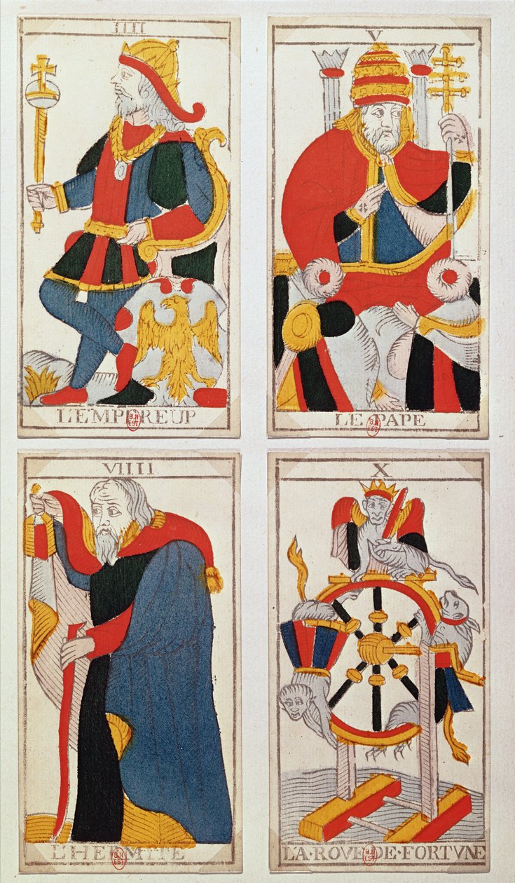 Fyra tarotkort föreställande kejsaren, påven, eremiten och lyckohjulet (färgad trästick) av French School