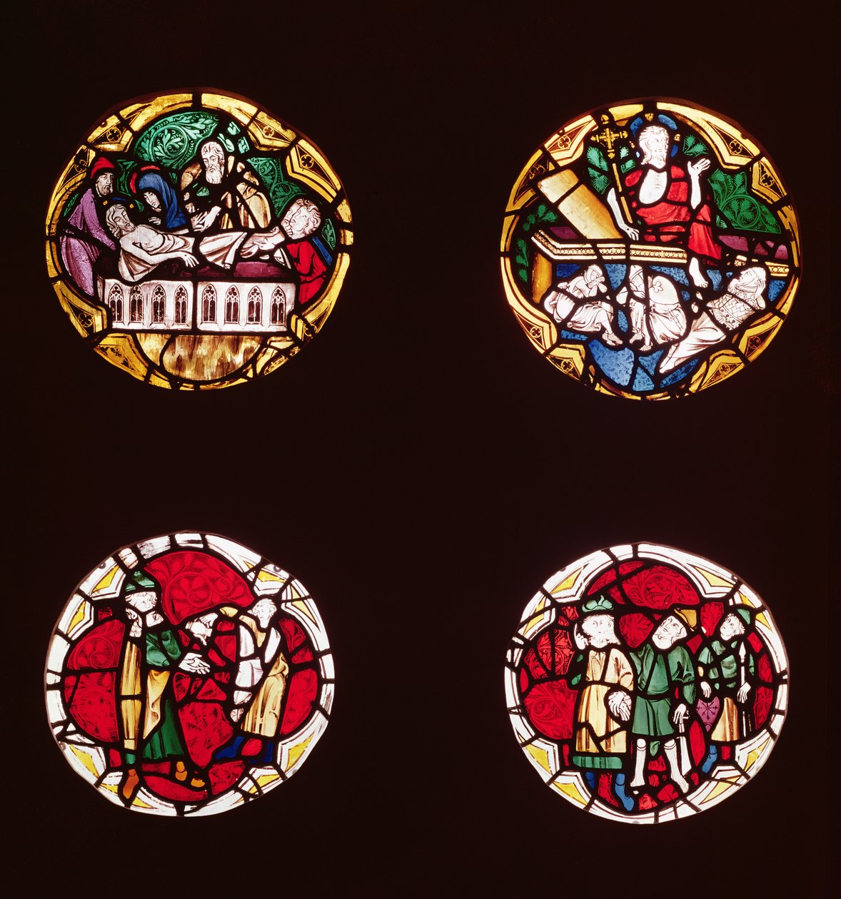 Fyra fönster som visar scener från Kristi liv, från Chapelle du Rosaaire av French School