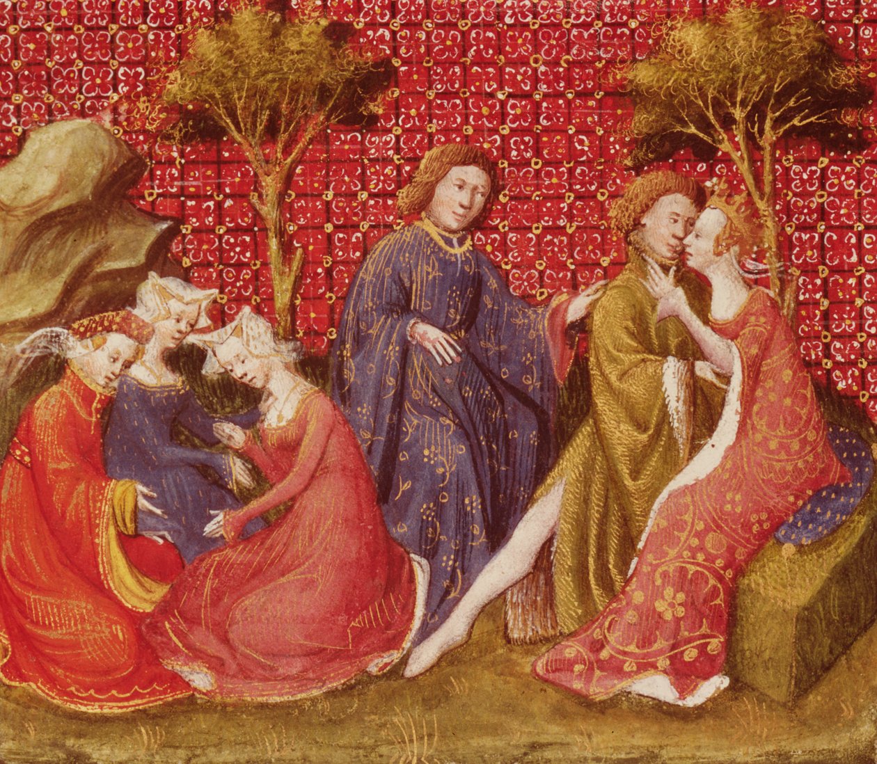 Fr 118 f.219v Hur Lancelot kysste Guinevere för första gången, från Lancelot du Lac av French School