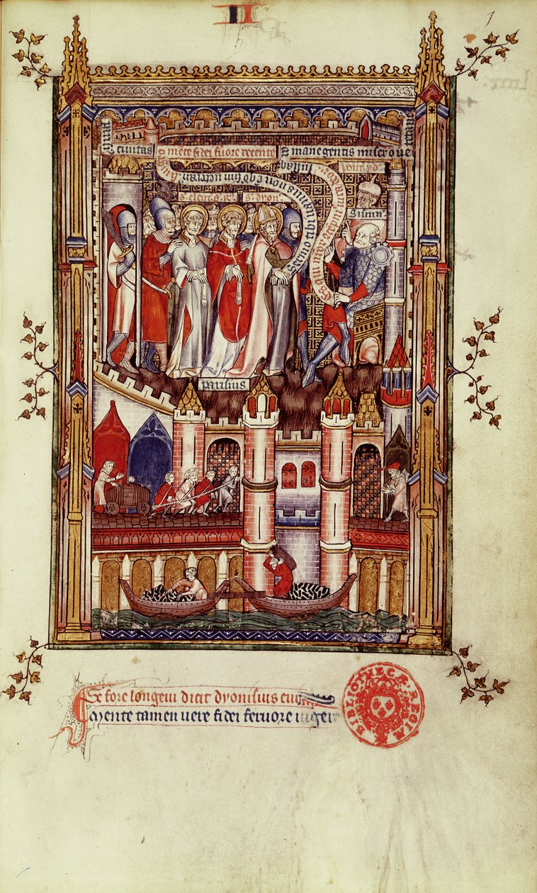 Fr 2092 f.1 Det första förhöret av St. Denis och hans följeslagare av Sisinnius, från Vie de St. Denis, 1317 av French School
