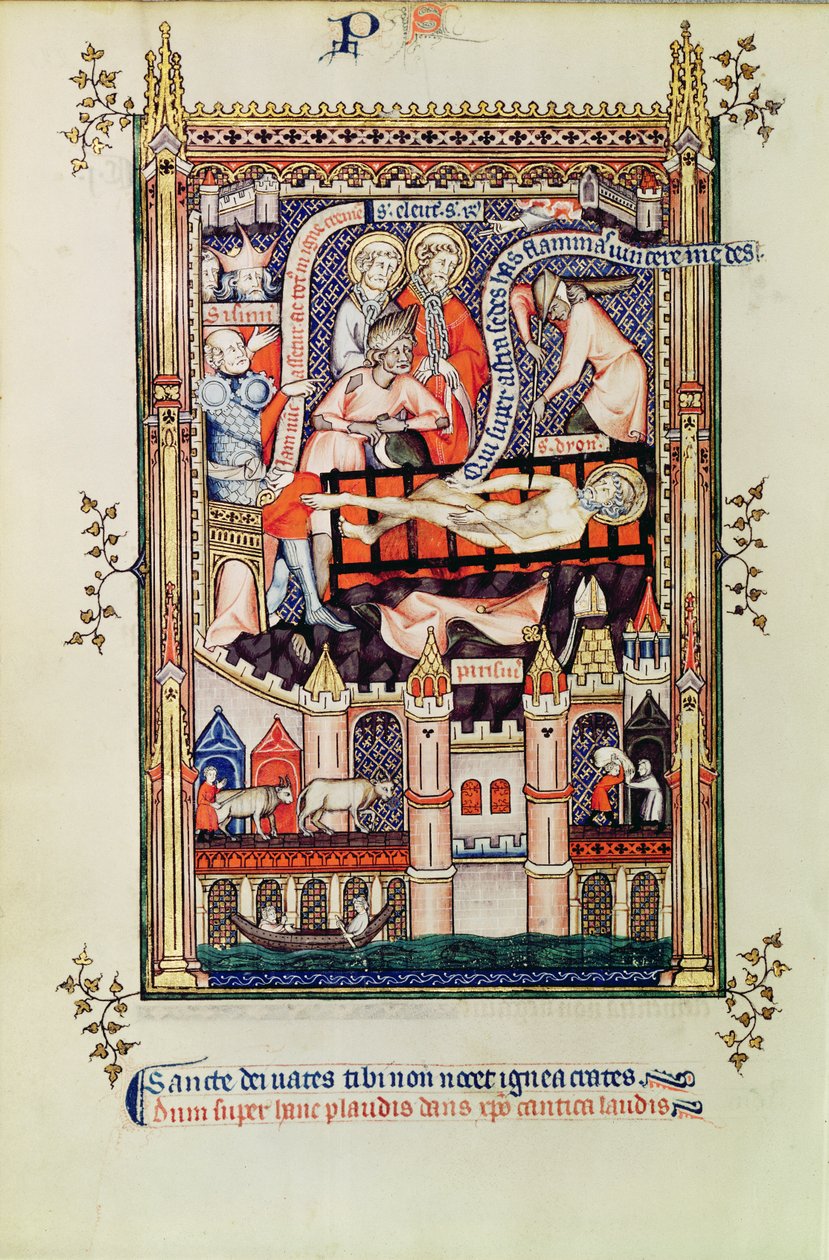 Fr 2092 f.22v St. Denis torteras på hyllan, från Vie de St. Denis, 1317 av French School