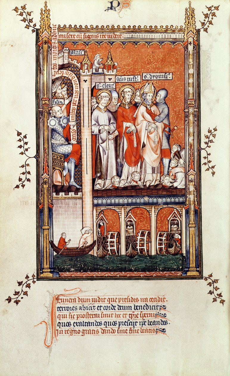 Fr 2092 f.37v Sisinnius visar kropparna av andra martyrer för St. Denis och hans följeslagare, från Vie de St. Denis, 1317 av French School