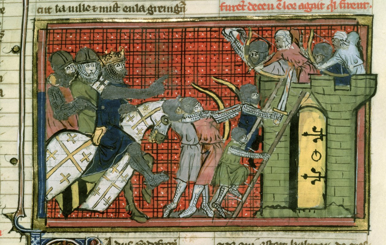 Fr 22495 f.36r Attack mot en stad, från Le Roman de Godefroi de Bouillon av French School