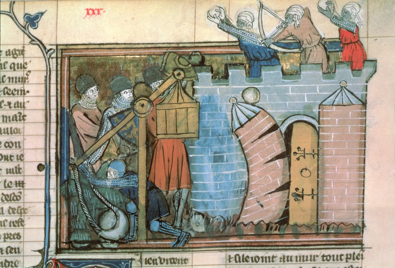 Fr 22495 fol.30 En attack mot en stad under korstågen, från Le Roman de Godefroi de Bouillon av French School
