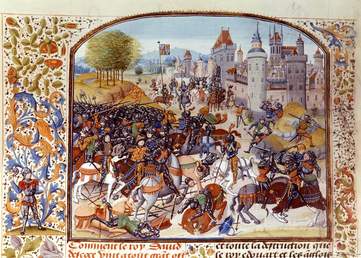 Fr 2643 f.97v Slaget vid Nevilles Cross från hundraåriga kriget 1346, från Froissarts Chronicle av French School