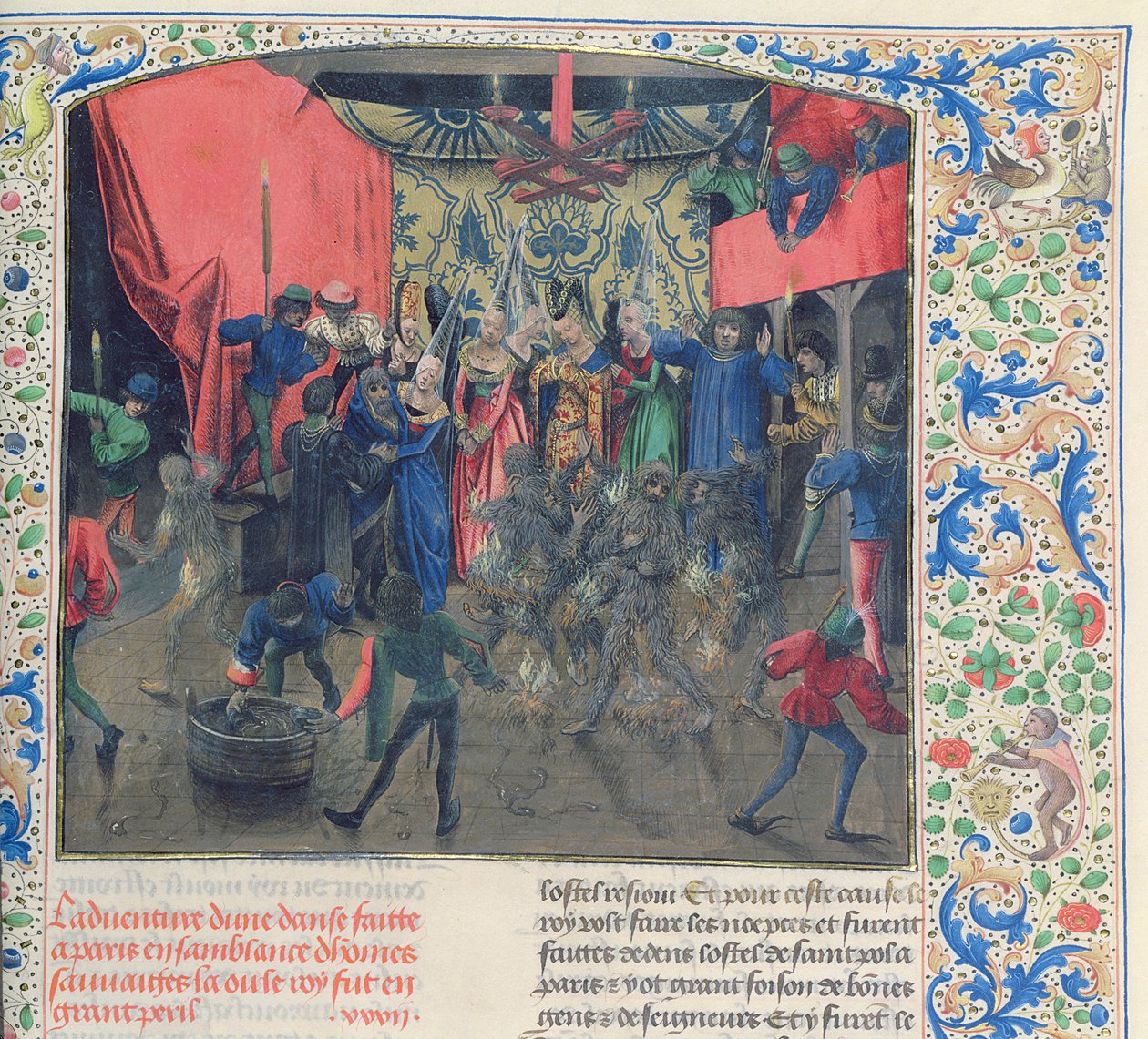 Fr 2646 f.176 Bal des Ardents, Charles räddades av hertiginnan av Berry efter att Louis av Orleans satte eld på dansarnas kostymer, 1392, från Froissarts Chronicle av French School