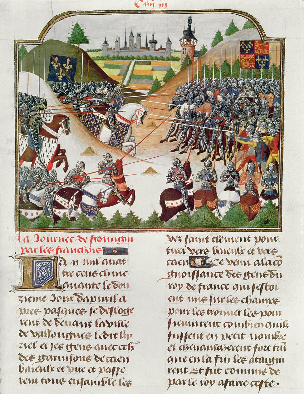 Fr 2691 f.183 Slagscen, ur "The Chronicle of Charles VII of France" av Jehan Charetier (pergament) av French School