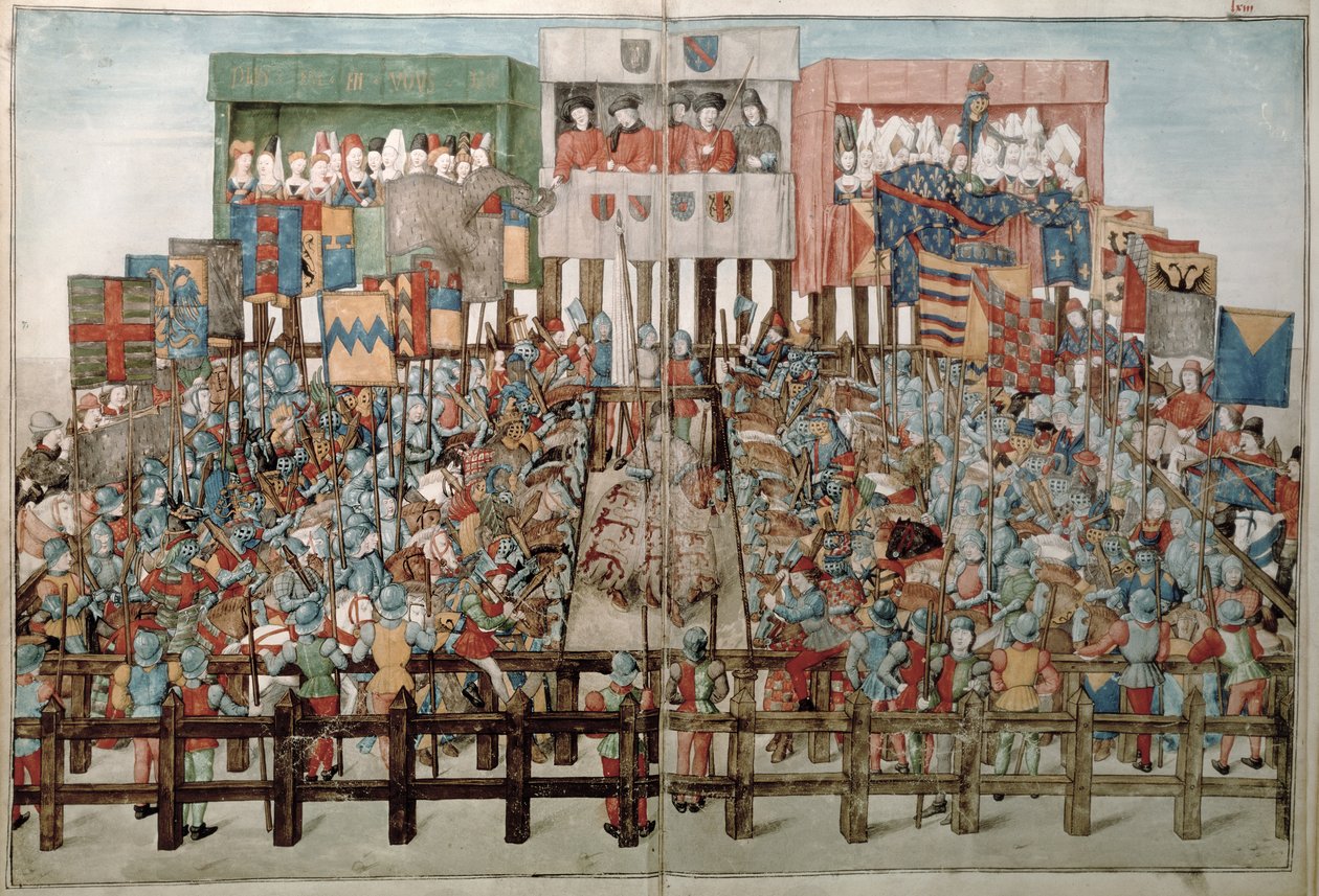 Fr 2692 f.62v-63r Kung Rene som presiderar över en tornerturnering, från Livre des Tournois de Rene dAnjou, c.1488-89 av French School
