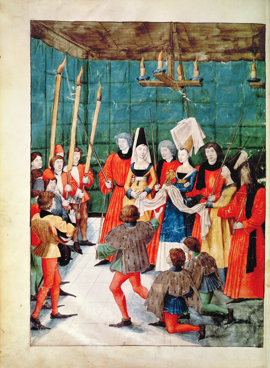 Fr 2692 f.70v Drottningen överlämnar priset för en tornerturnering, från Livre des Tournois de Rene dAnjou, c.1488-89 av French School