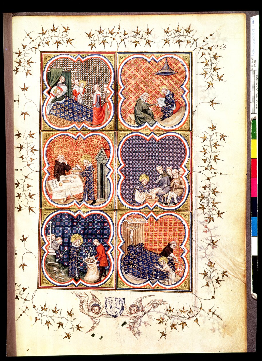 Fr 2813 f.265 Sex scener ur Saint Louiss liv (1215-70), från Grandes Chroniques de France, 1375-79 av French School