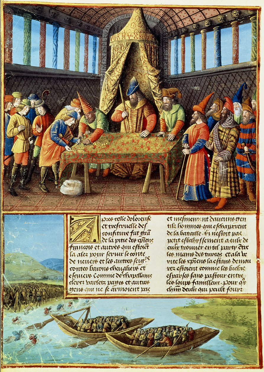 Fr 5594 f.267v Bayezid I tar emot lösen, från Passages faits Outremer skriven av Sebastien Mamerot, c.1490 av French School