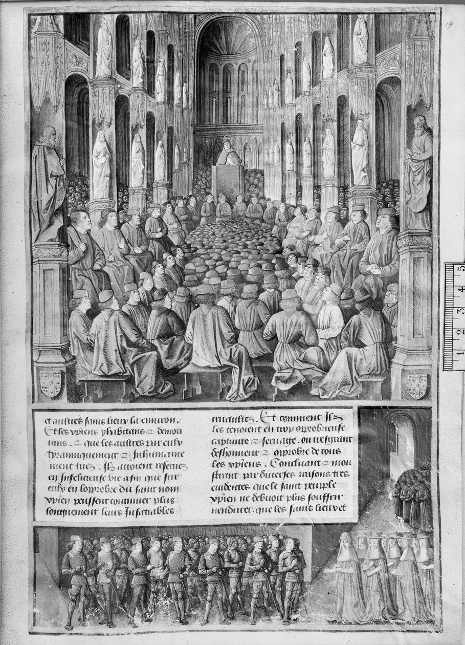 Fr 5594 fol.19 Hur påven Urban II (1042-99) predikade återerövringen av Heliga gravskyrkan vid konciliet i Clermont-Ferrand, illustration från Les Passages dOutre-Mer av Sebastien Mamerot de So av French School