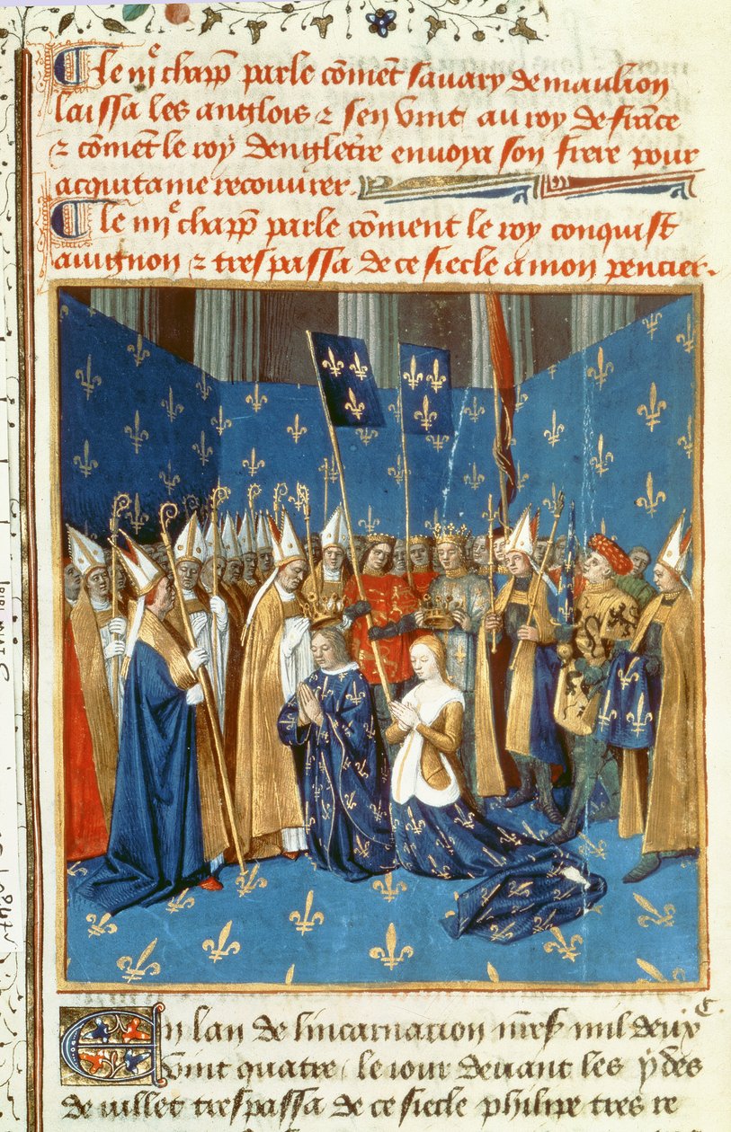 Fr 6465 f.247v Kröning av Ludvig VIII (1187-1226) och Blanche de Castile i Reims i närvaro av kungen av Jerusalem av French School