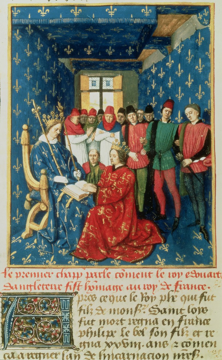Fr 6465 fol.301v Edward I (1239-1307) hyllar kungen av Frankrike, Philippe IV le Bel (1268-1314), för hertigdömet Aquitaine av French School