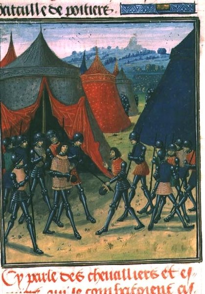 Fr 87 fol.8 Prinsen av Wales tar emot kungen av Frankrike (pergament) av French School