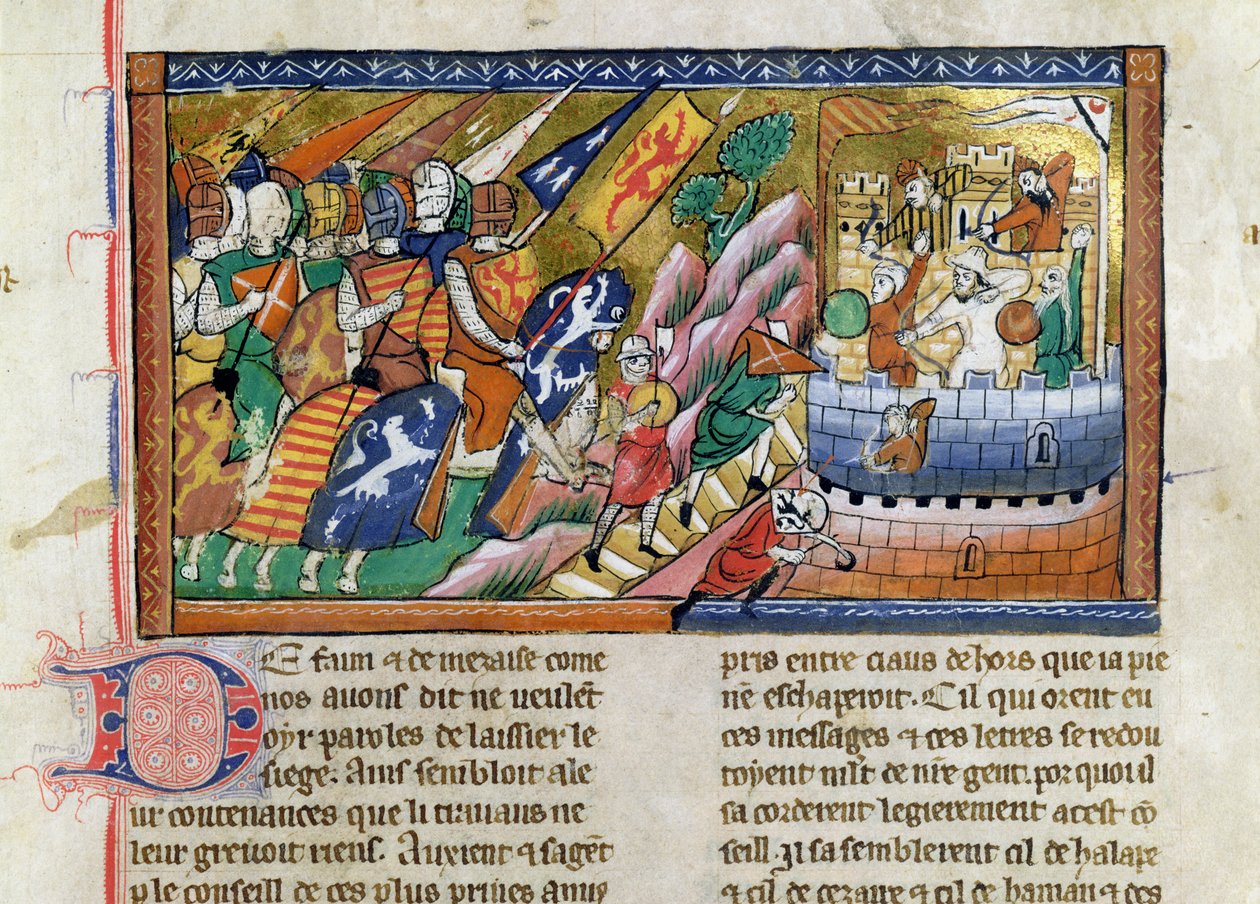 Fr 9084 f.53 En engelsk armé som anfaller ett slott, ur "Chronique de Guillaume de Tyr" (pergament) av French School